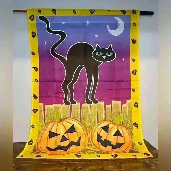 Vintage Black Cat And Pumpkins Halloween Flag 27x38 - Picture 1 of 2